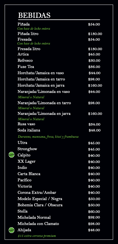 Lista de bebidas, incluyendo piñada, litro, fresada, artesanal, refresco, variedad de tés, horchata, jarra y en vaso, jugos naturales, bebidas con frutas, cervezas y licores, con precios variados.
