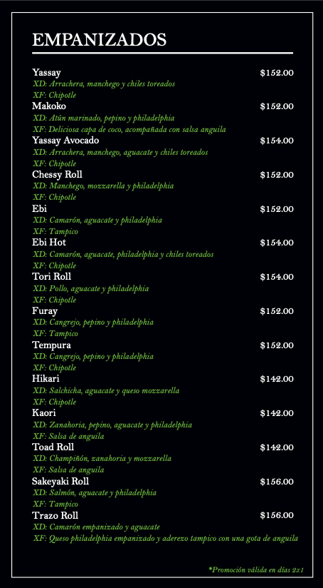 Menú de empanizados con diferentes tipos de emparedados y precios, incluyendo ingredientes y tipos de salsas.