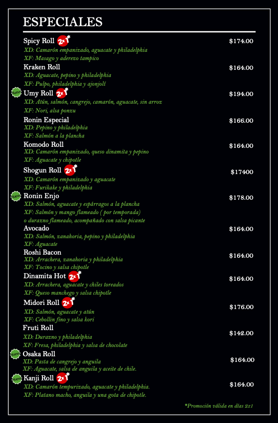 Lista de rollos especiales de sushi con diferentes ingredientes y precios, incluyendo opciones con pollo, salmón, atún, camarón y otros, en un menú de restaurante.