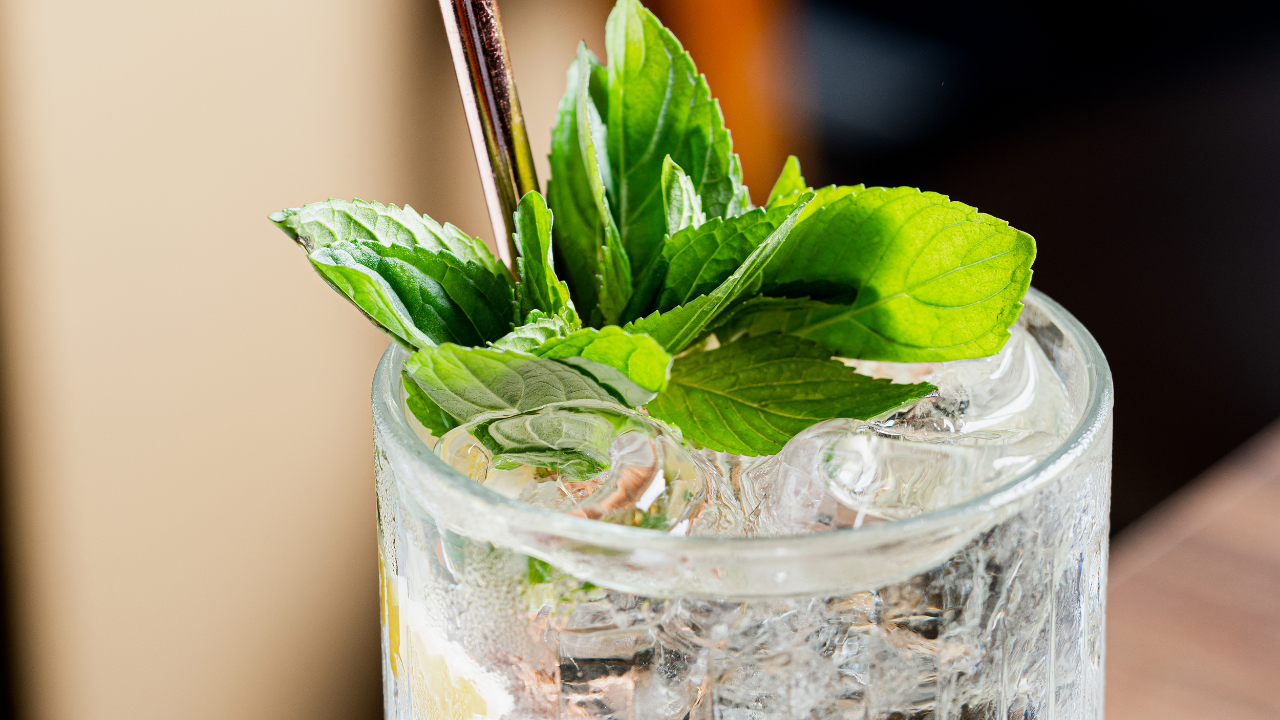 Vaso con hielo y hojas de menta fresca.