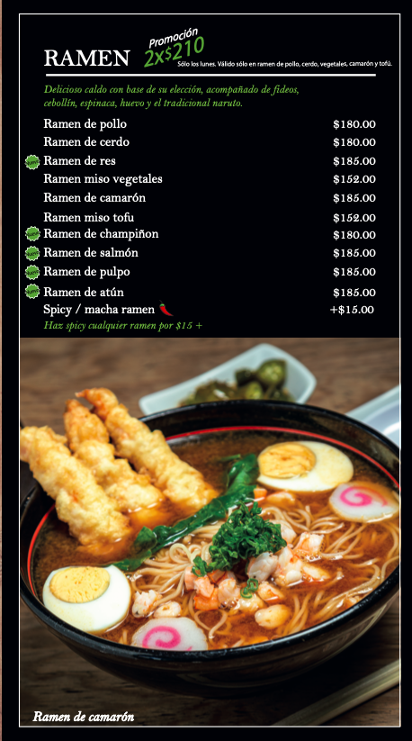 Menú de ramen con varias opciones de carnes y toppings, incluyendo camarón, pollo, cerdo, salmón, atún, y tofu, además de una imagen de un ramen con camarón frito, huevo, y vegetales.