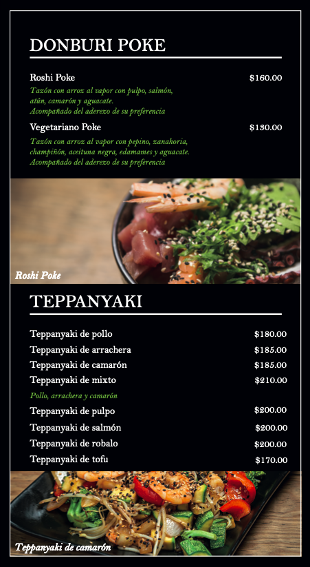 Menú con secciones de DONBURIPOKE y TEPPANYAKI, incluyendo platos como Roshi Poke, Vegetariano Poke, y diferentes tipos de Teppanyaki, con precios y descripciones en español