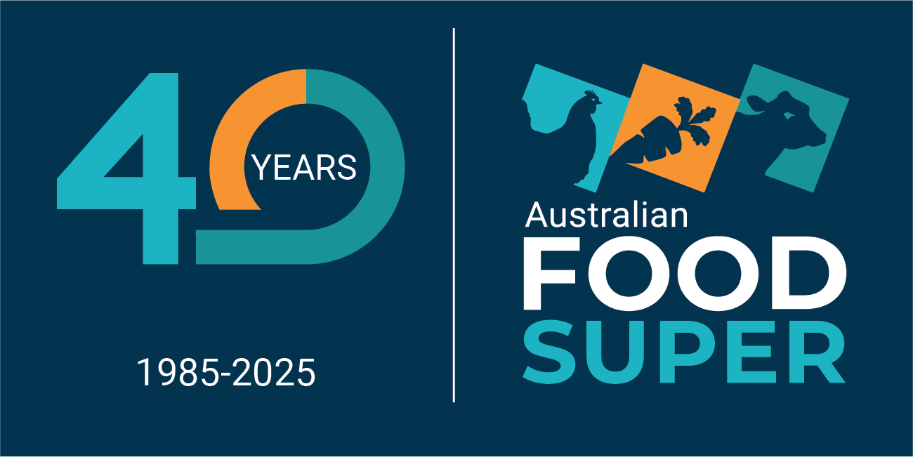Celebrating 40 years of Australian Food Super from 1985 to 2025 with icons of Australian wildlife and food.