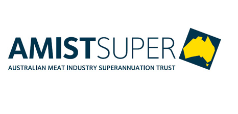 Logo for AMIST Super, Australian Meat Industry Superannuation Trust, with a stylized kangaroo inside a dark square.