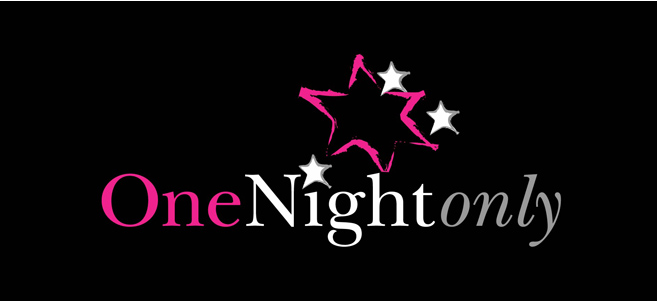 Logo with pink and gray text reading 'One Night only' and pink and white stars on a black background.