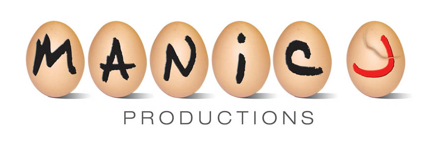 Six eggs with letters spelling 'MANIC' and a smiley face in red, above the word 'PRODUCTIONS'