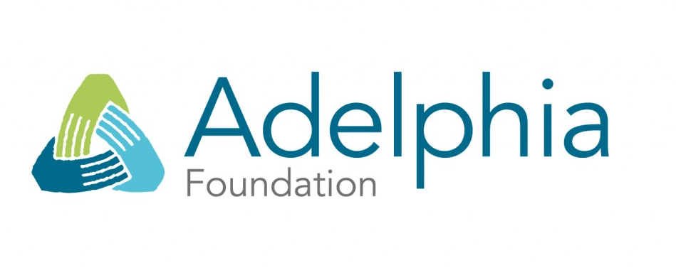Logo of the Adelpia Foundation with three stylized hands in green, blue, and light blue, forming a triangular shape.