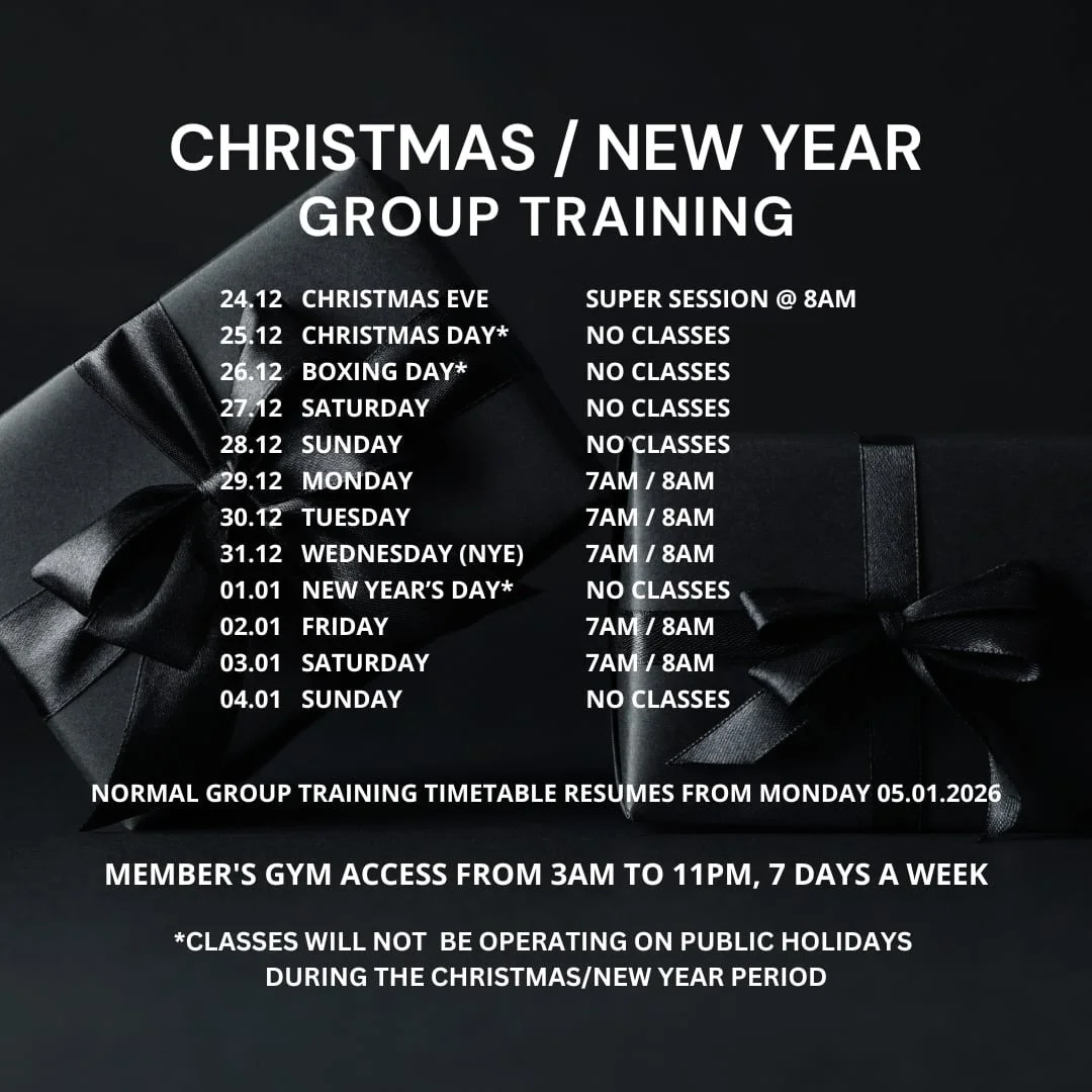 🎄 CHRISTMAS &amp; NEW YEAR OPERATING HOURS 🎄

As we head into the final week before Christmas, our group training timetable will look a little different over Christmas and New Year.

✨ On days where no coached classes are running, we&rsquo;ve still