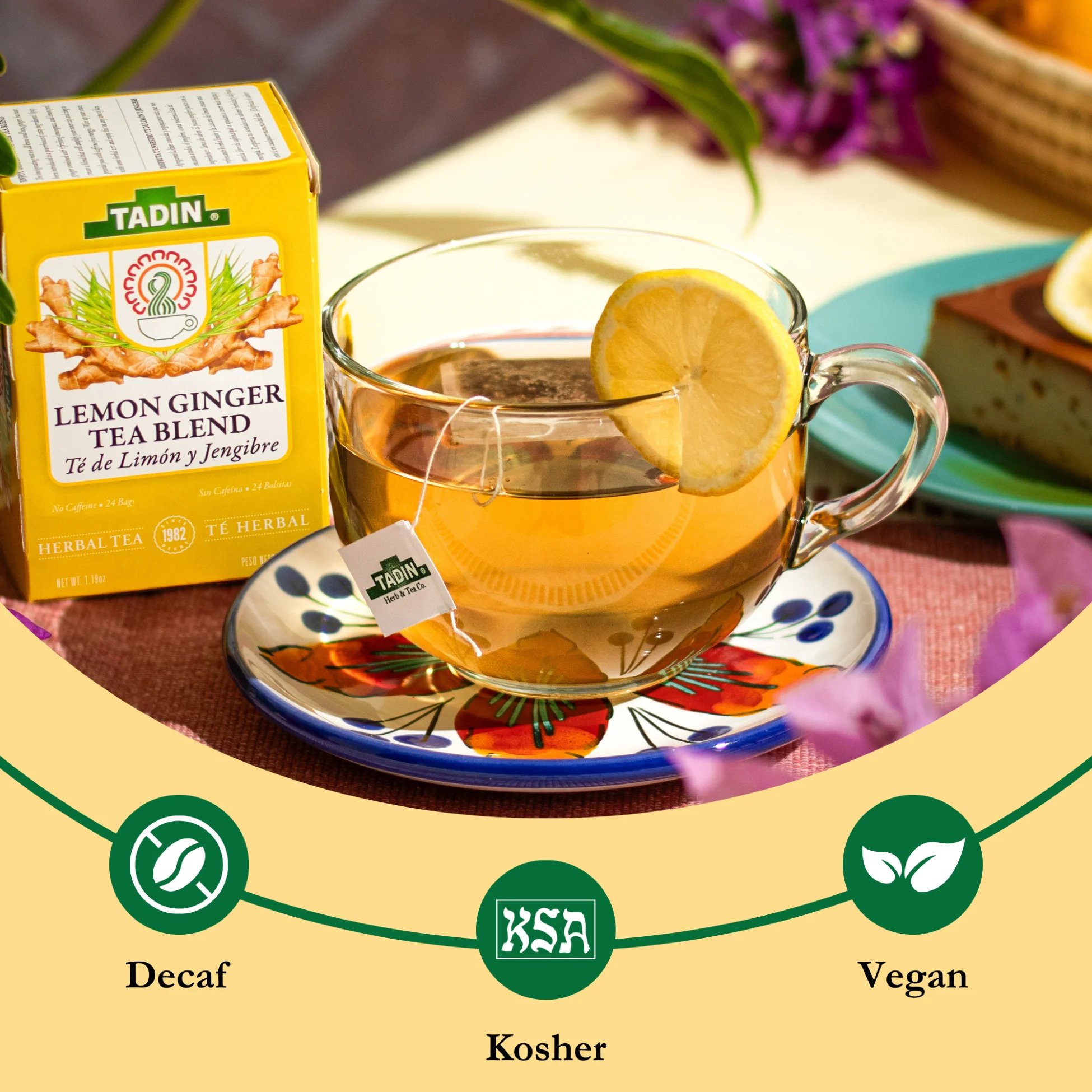 Tadin Lemon Ginger Tea, Caffeine-Free Herbal Tea, 24 Tea Bags