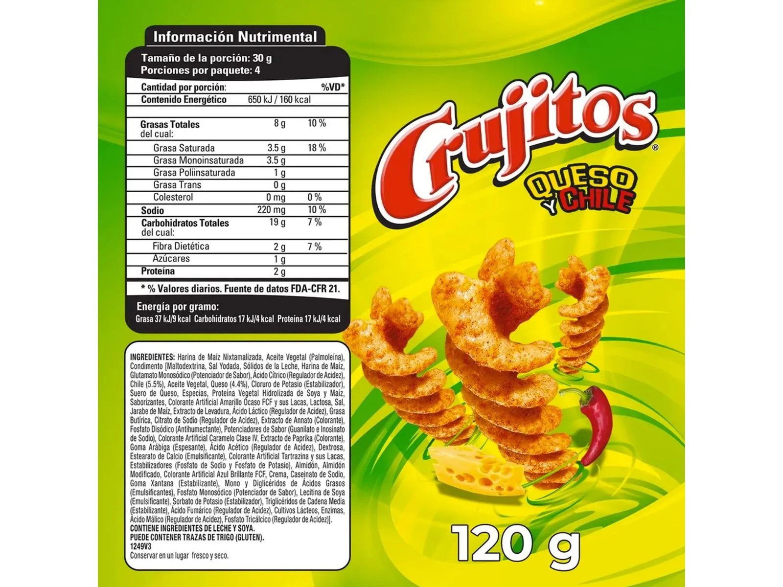Crujitos Frito Lay, Cheese & Chili Flavor Snack, 120g Bag