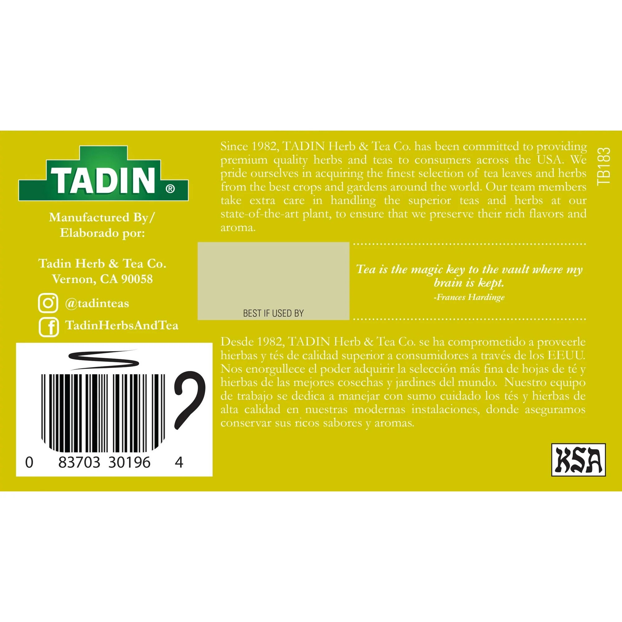 Tadin Lemon Ginger Tea, Caffeine-Free Herbal Tea, 24 Tea Bags