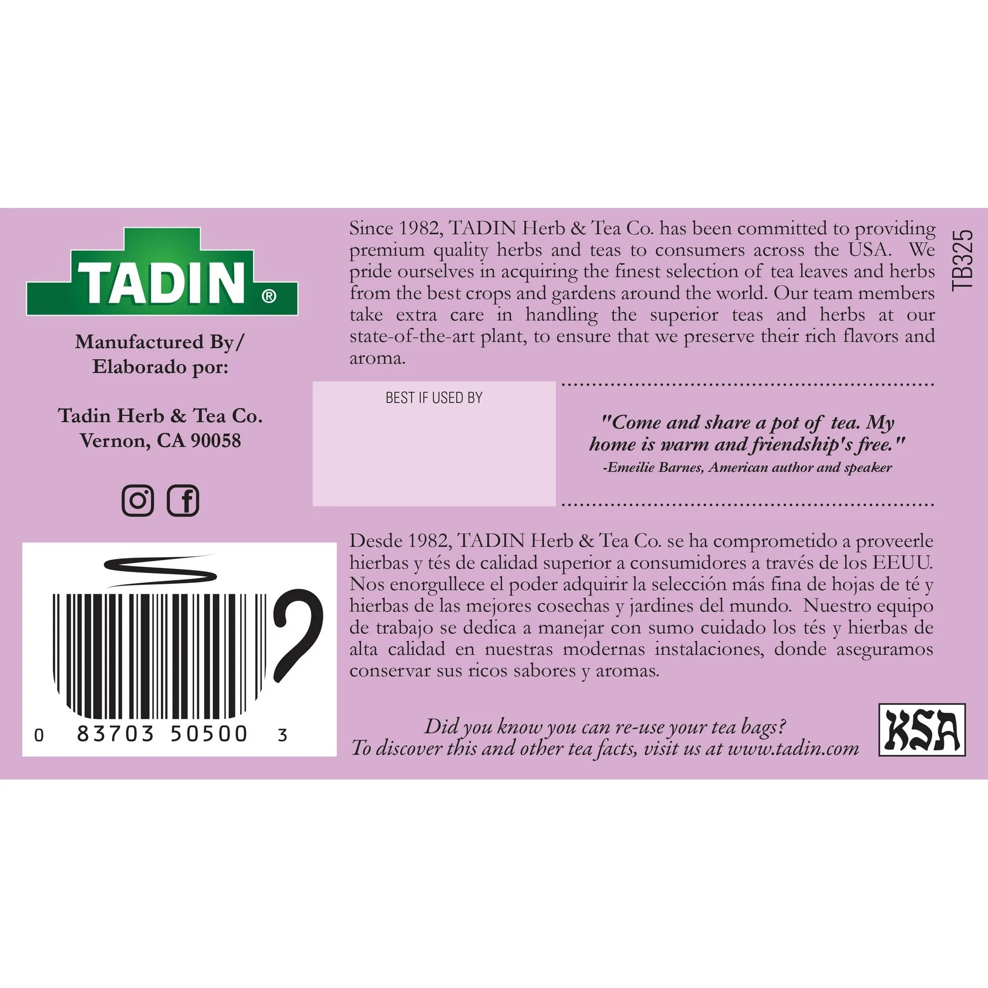 Tadin Linden Tea, Herbal Tea, Caffeine-Free, 24 Tea Bags