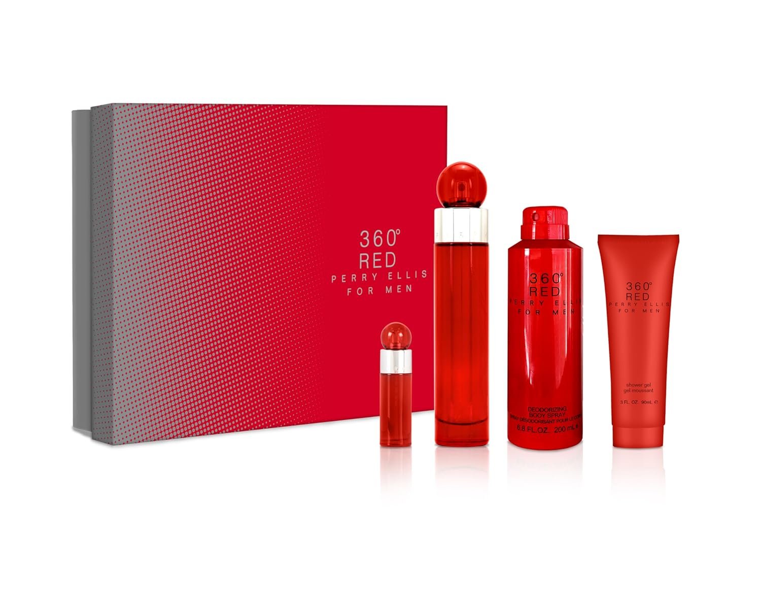 Perry Ellis 360 Red 4 Pc Gift Set - 3.4oz EDT Spray, 6oz Body Spray, 3oz Shower Gel, 7.5ml EDT Spray