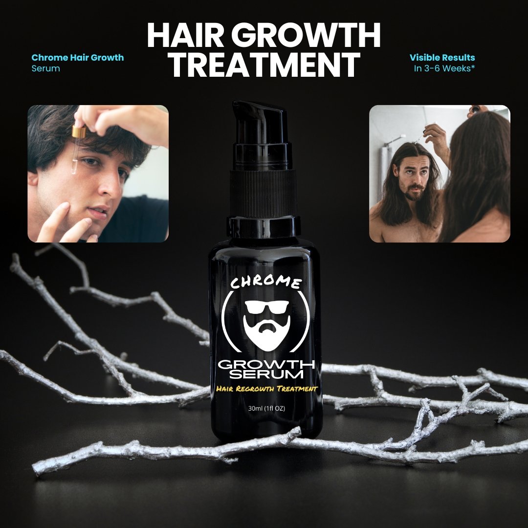 Chrome Hair Growth Serum – Natural Hair & Beard Growth Treatment | Fills Patches & Promotes Thicker Hair | 1-Month, 3-Month & 6-Month Bottles