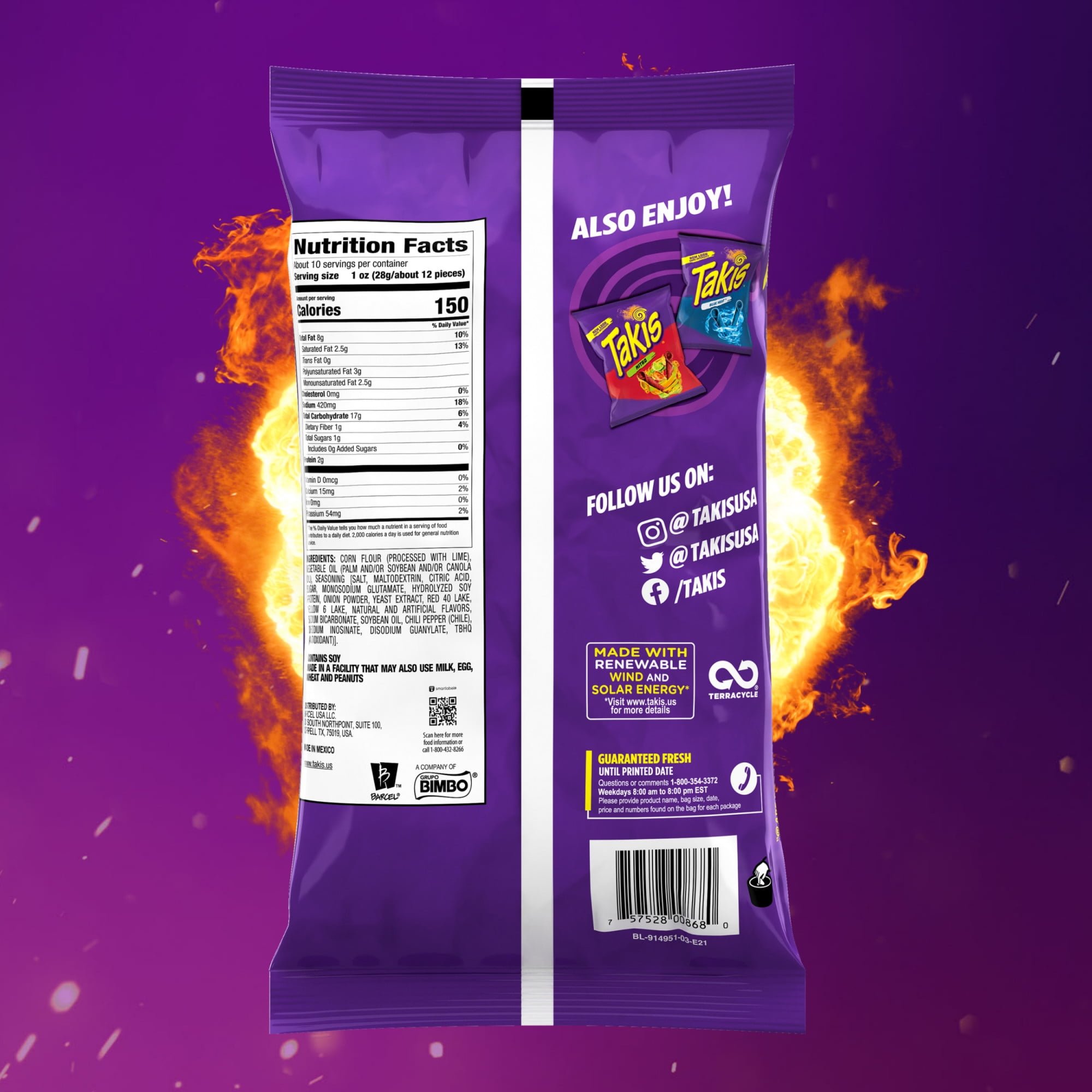 Takis Fuego Rolled Tortilla Chips, Hot Chili Pepper & Lime, 9.9 oz Sharing Size Bag