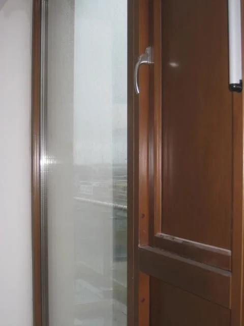 Open wooden window with a metal handle and visible glass pane, partially obscuring a view of the outside.