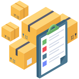 Isometric illustration of stacked cardboard boxes with a clipboard showing a checklist.