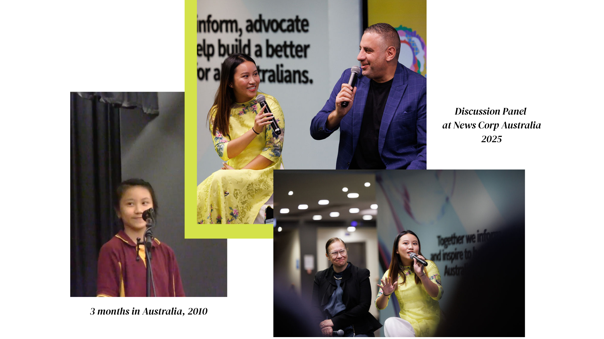 Collage of four images showing diverse women and men in different speaking or listening scenarios, including a woman in yellow dress speaking into a microphone, a woman in yellow dress and a man in a suit with microphones, a woman in maroon jacket speaking, and a woman in yellow with a woman in black listening.