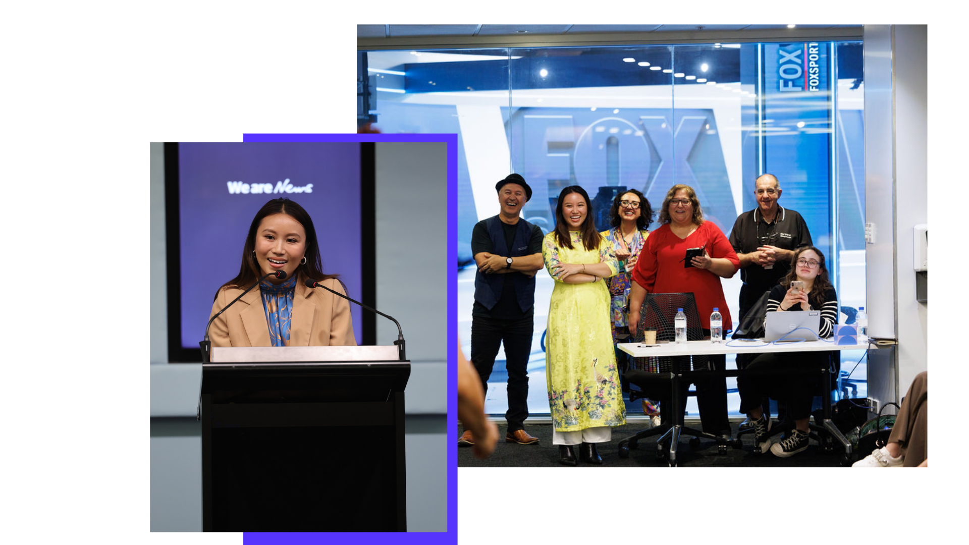 A woman speaking at a podium with microphones during a presentation, and a group of people smiling and posing for a photo in front of a FOX sign at an office or conference space.