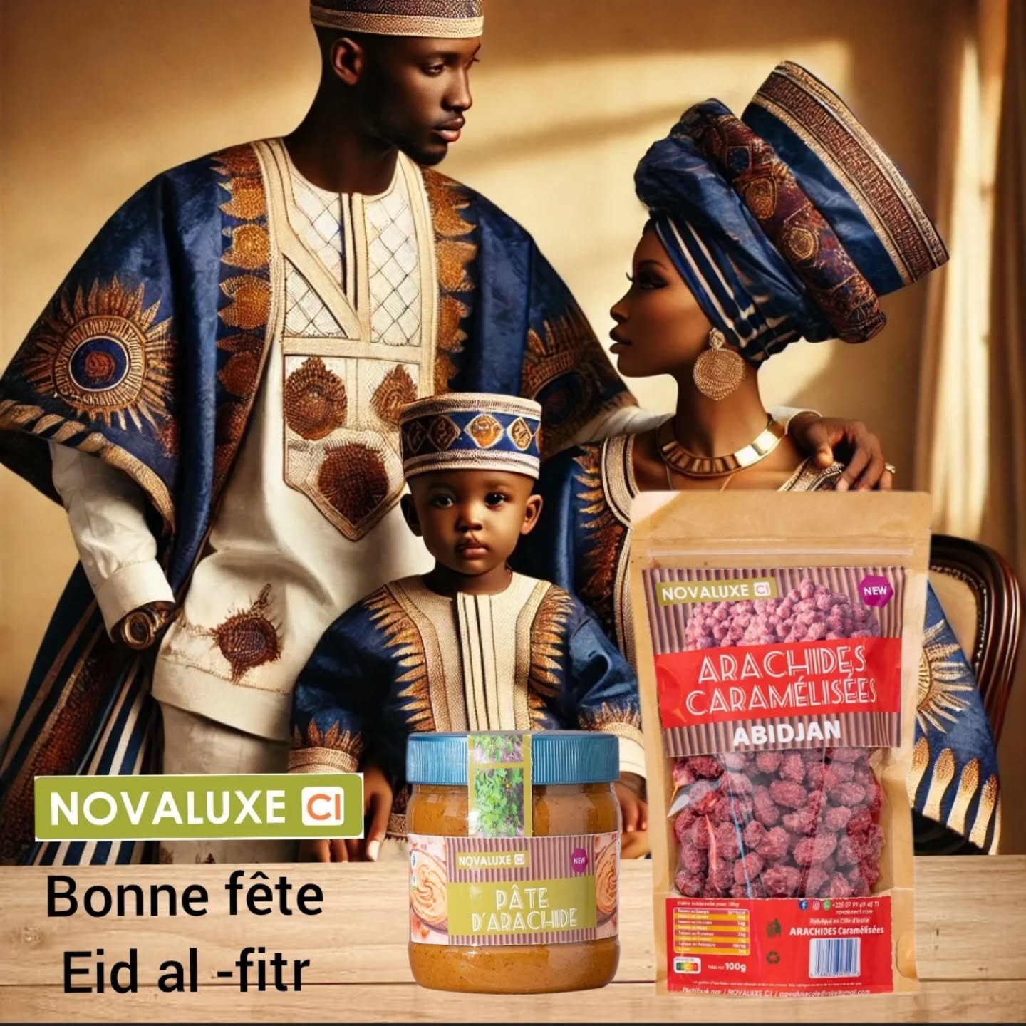 🌙✨ Eid Mubarak &agrave; tous ! ✨🌙
En cette belle f&ecirc;te de l&rsquo;Eid al-Fitr, Novaluxe CI vous souhaite bonheur, prosp&eacute;rit&eacute; et moments gourmands en famille. Profitez de nos d&eacute;licieuses arachides caram&eacute;lis&eacute;es