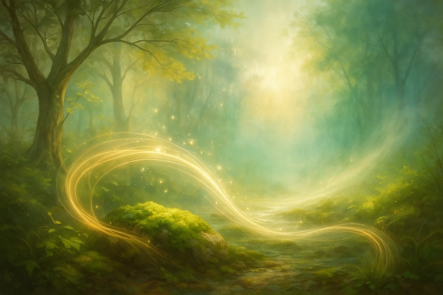 Sanfter Lichtwald mit goldener Energiebewegung als Symbol für Shiatsu und ThetaHealing – Ausgleich, Regeneration und Aktivierung der Lebensenergie