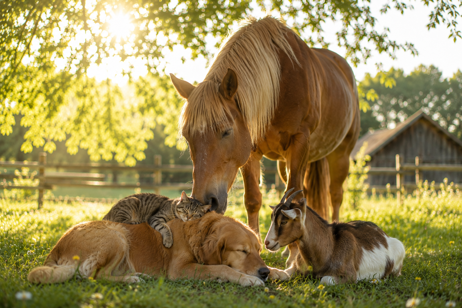 Harmonische Tiergruppe auf einer Wiese für energetisches ThetaHealing und Begleitung von Tieren.