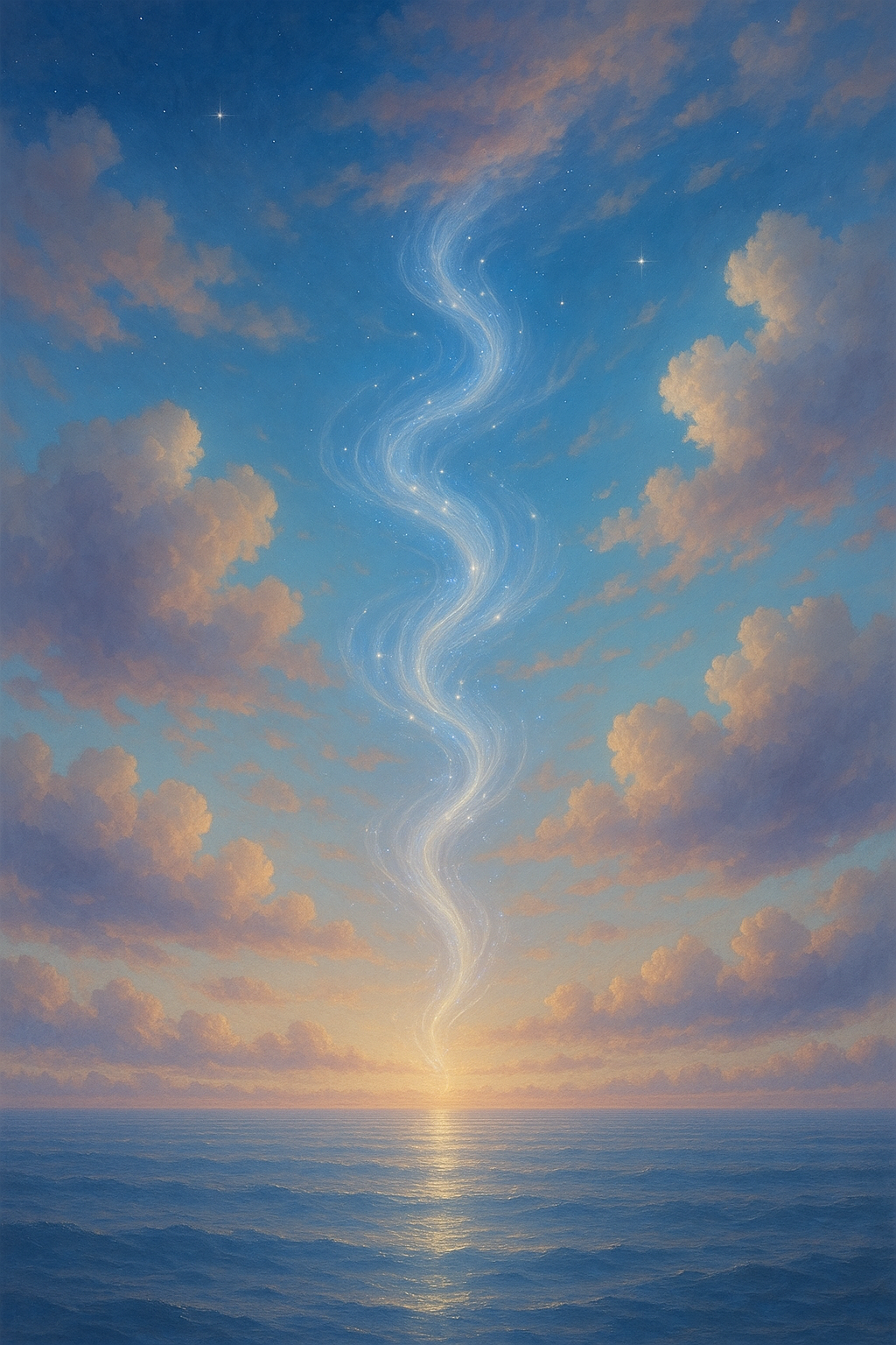 Der Himmel über dem Meer zeigt eine spiralförmige Lichtspirale, die aus dem Horizont aufsteigt, umgeben von Wolken bei Sonnenuntergang oder -aufgang.