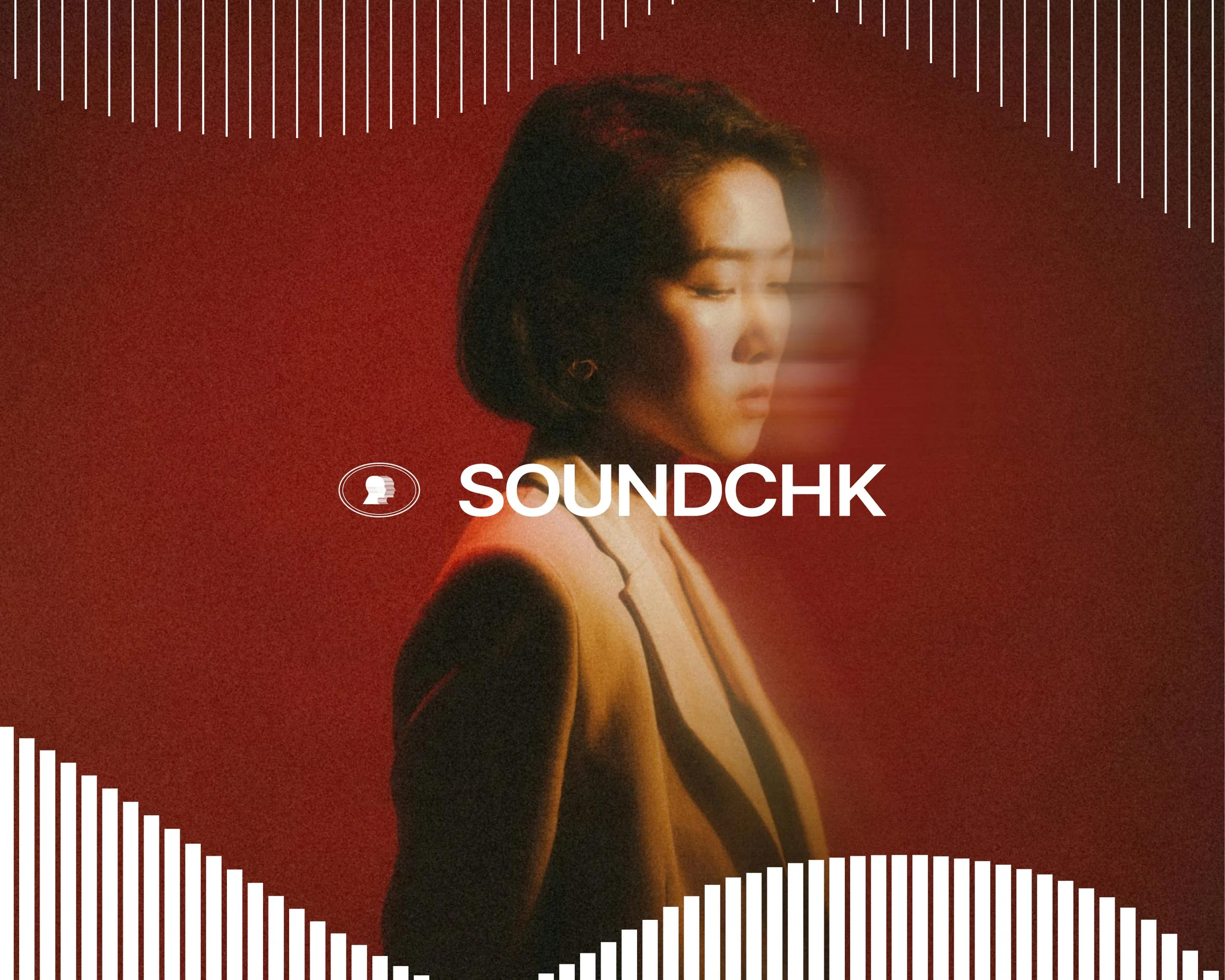 A woman with closed eyes and a serene expression wearing earrings stands against a red background. The image has vertical white lines at the top and bottom, and horizontal white lines on the left.