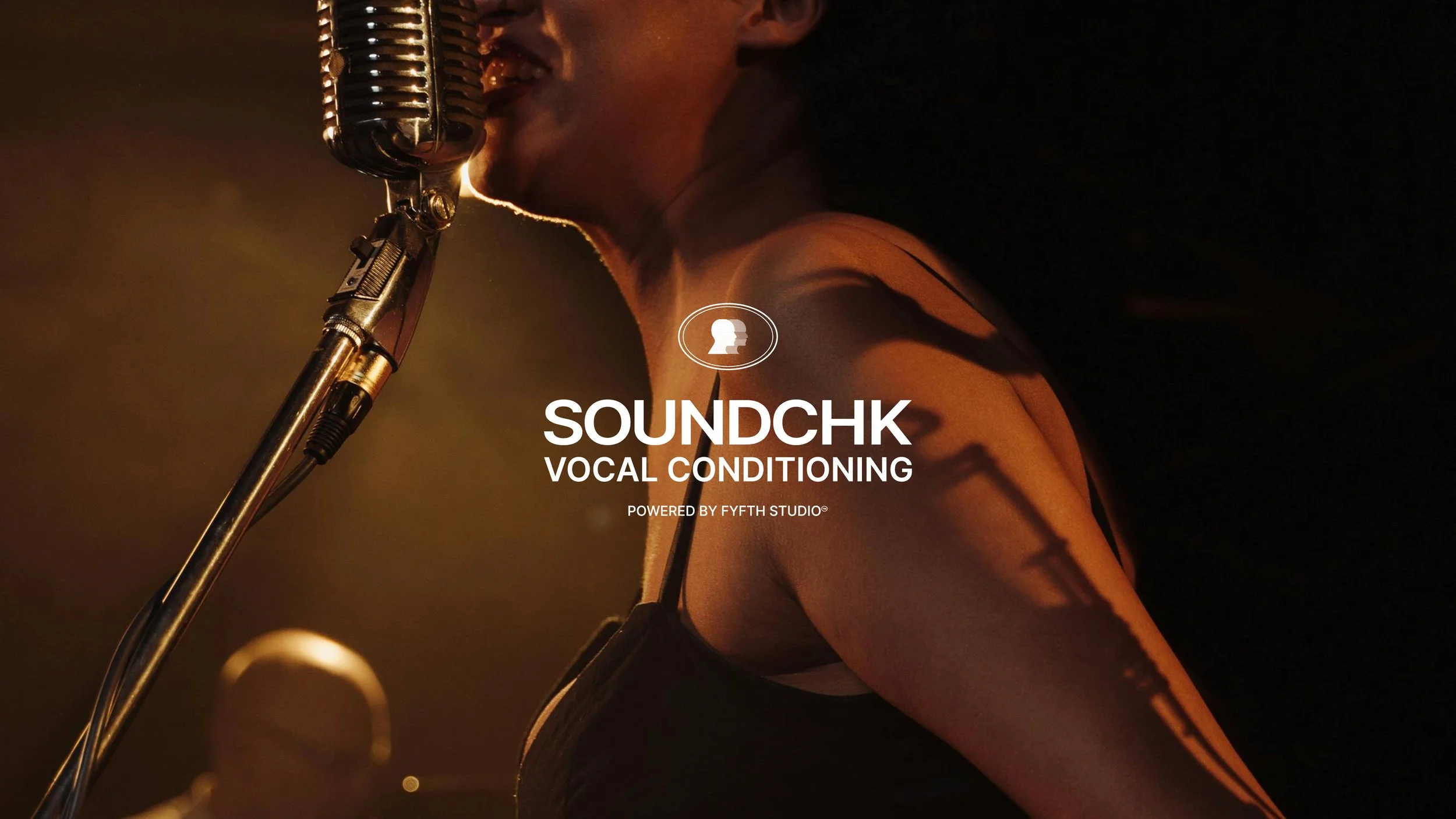 A woman singing into a vintage microphone with a dark background, promoting SOUNDCHK vocal conditioning powered by Fyfth Studio.