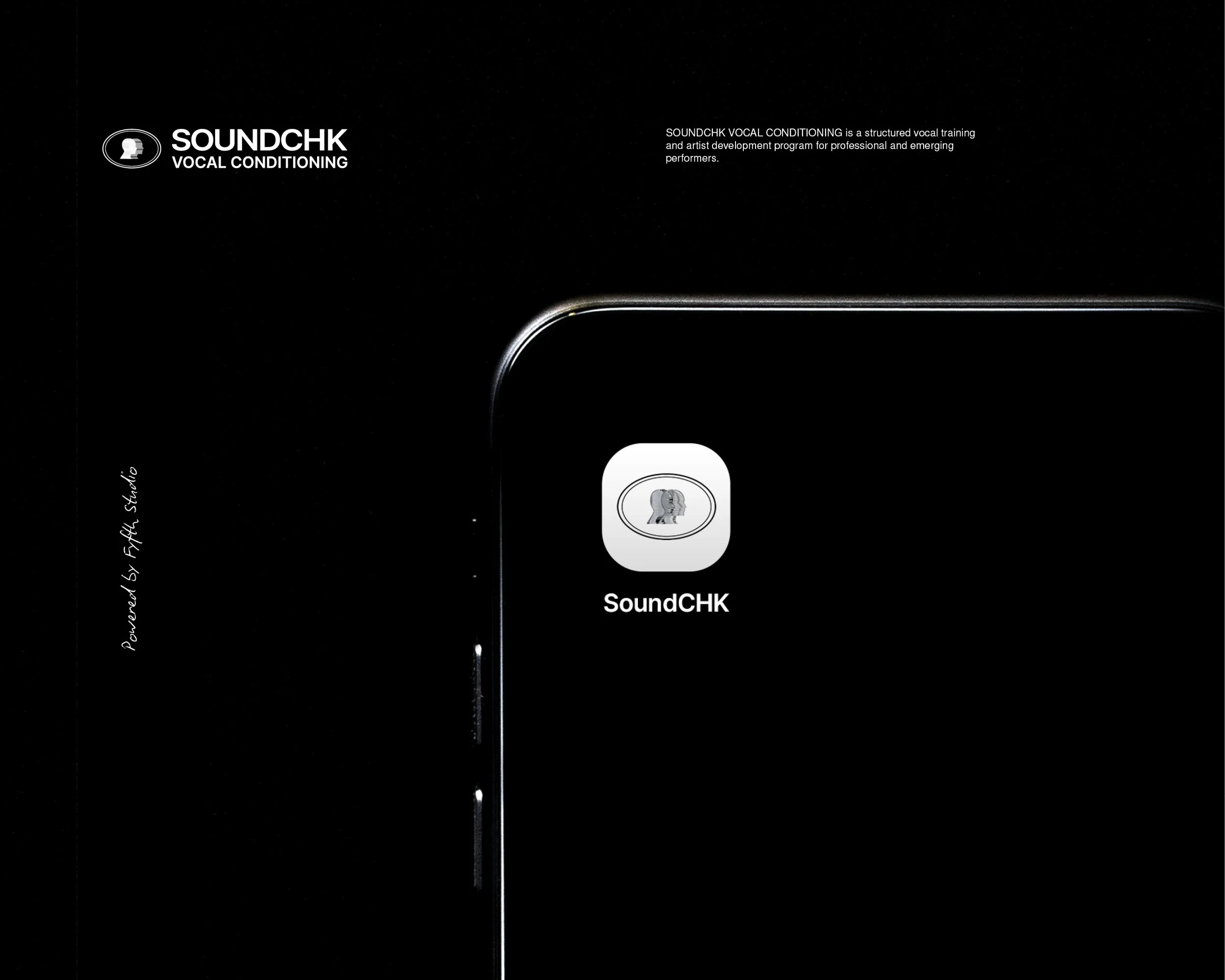 An advertisement for SoundCHK vocal conditioning program, featuring a dark background with a logo of three silhouetted heads and the text "SoundCHK Vocal Conditioning."