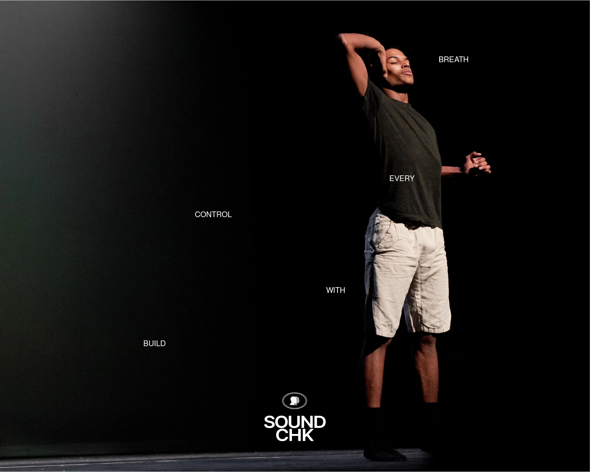 A man standing on a stage with a dark background, holding his hand behind his head, wearing a black t-shirt and beige shorts, with words overlayed saying "CONTROL," "SOUND," "WITH," "BUILD," and "BREATH".