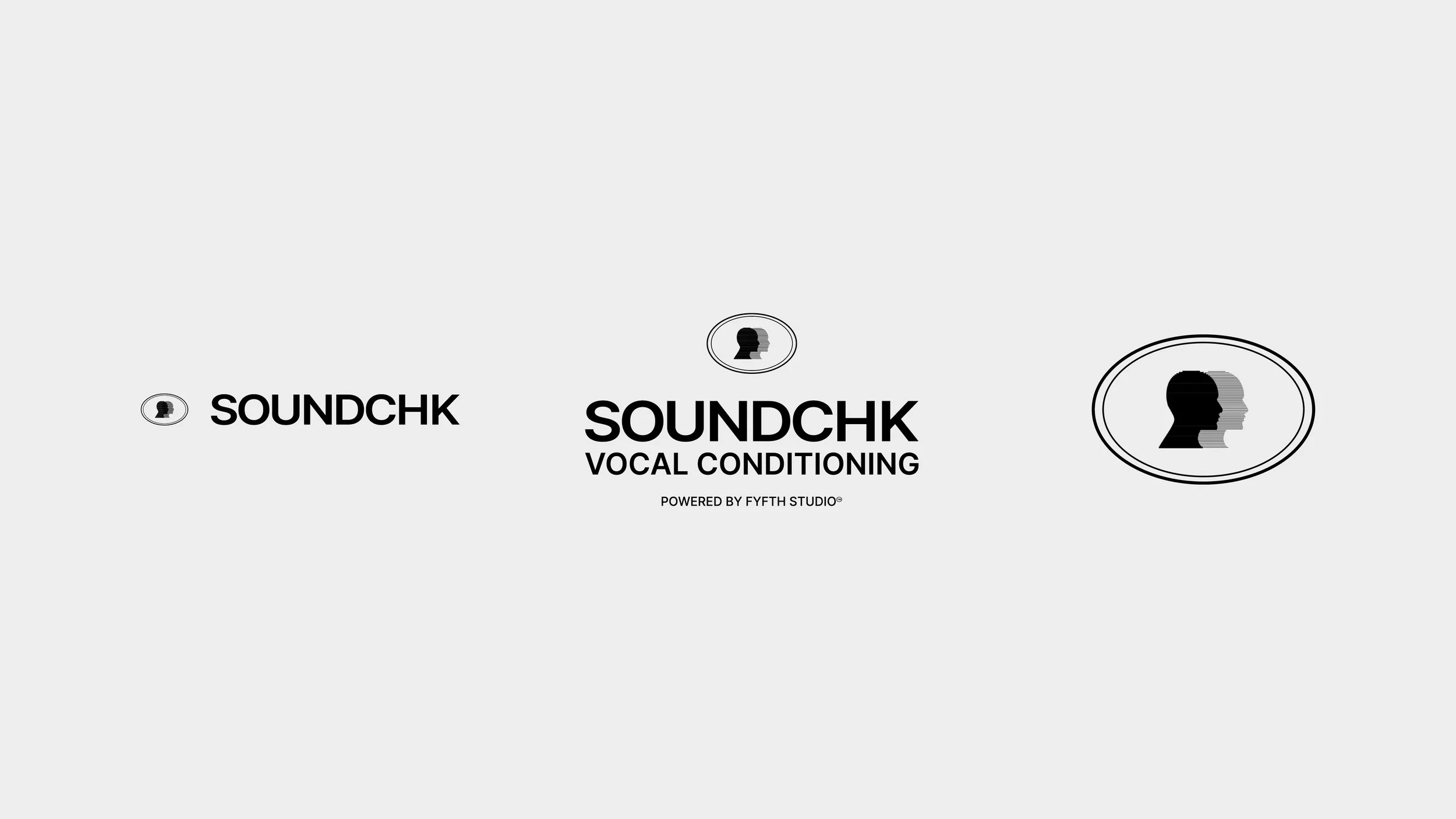 Black and white graphic featuring three variations of a human head silhouette with soundwave designs, the word SOUNDCHK, and the phrase VOCAL CONDITIONING powered by Fyfh Studio.