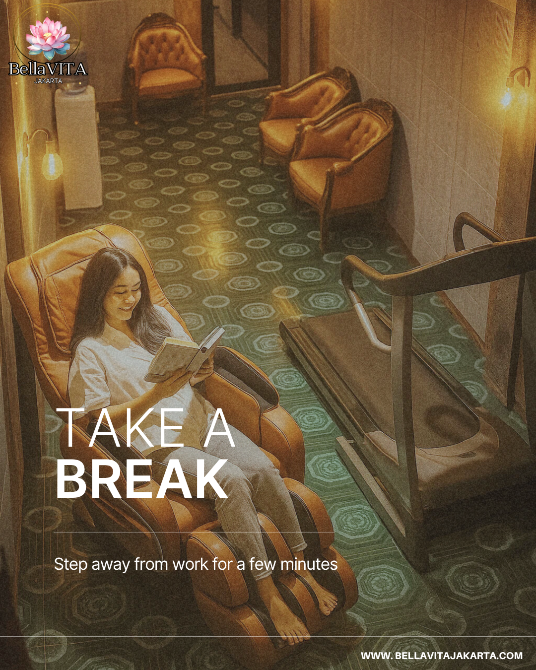 Room with a massage chair, treadmill, and sofa. Bella VITA Jakarta Sport's area