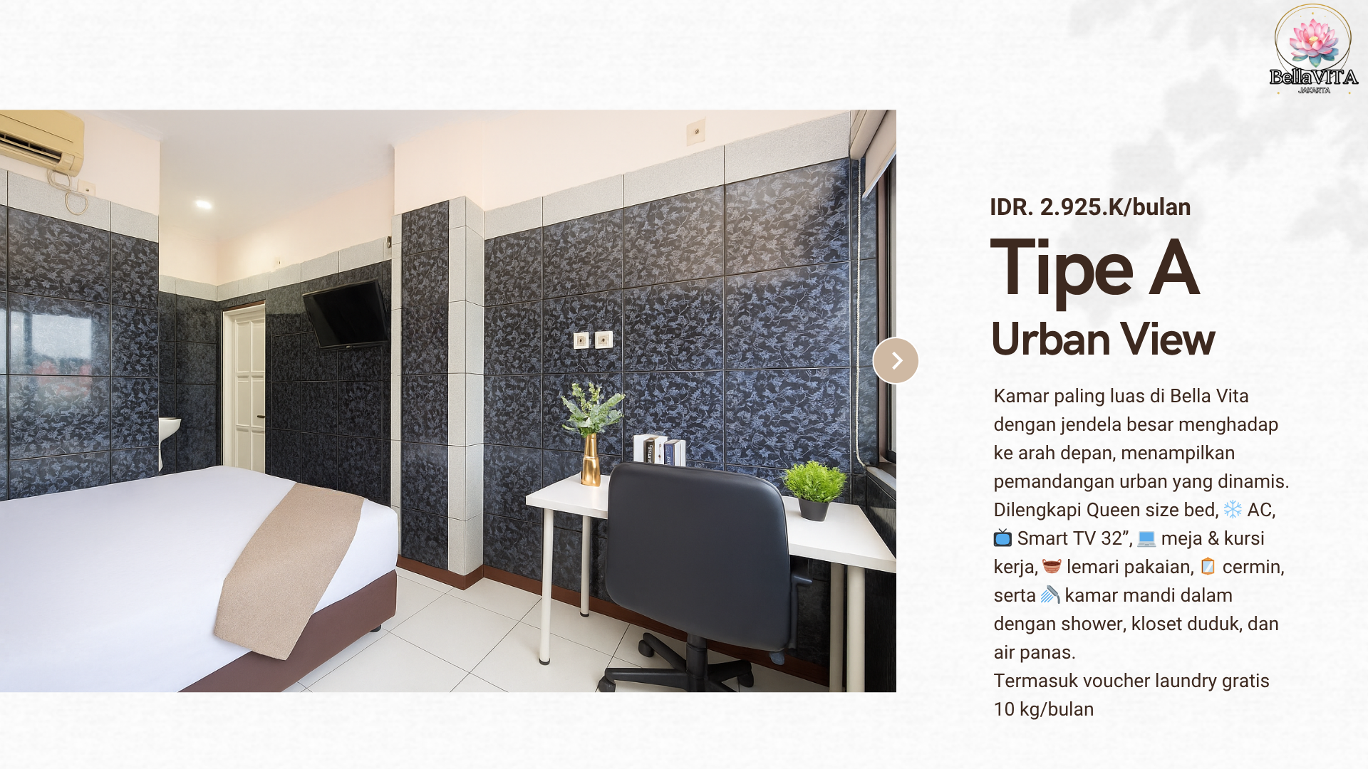 Kost Bella Vita Tipe A Salemba Jakarta Pusat. Temukan kenyamanan hidup modern di Bella Vita Smart Co-Living Jakarta Pusat. Nikmati kamar full furnished dengan AC, Smart TV, WiFi 300 Mbps, dan kamar mandi dalam. Setiap penghuni mendapat akses fingerpr