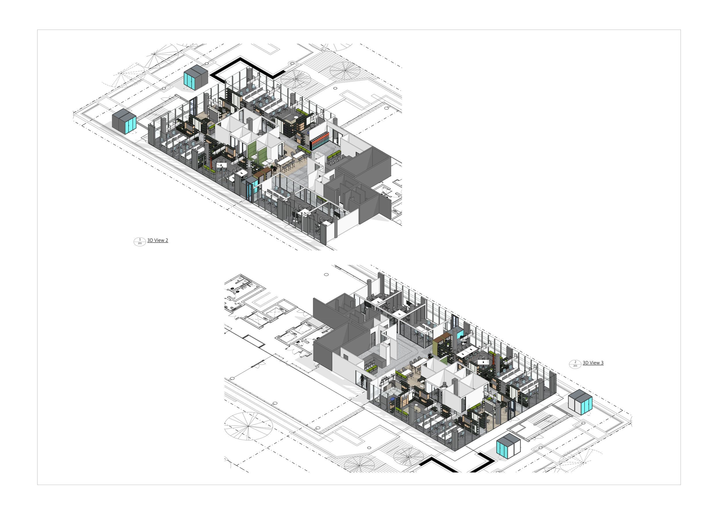 3D architectural floor plans of a building with detailed interior layouts, including rooms, furniture, and structural elements.