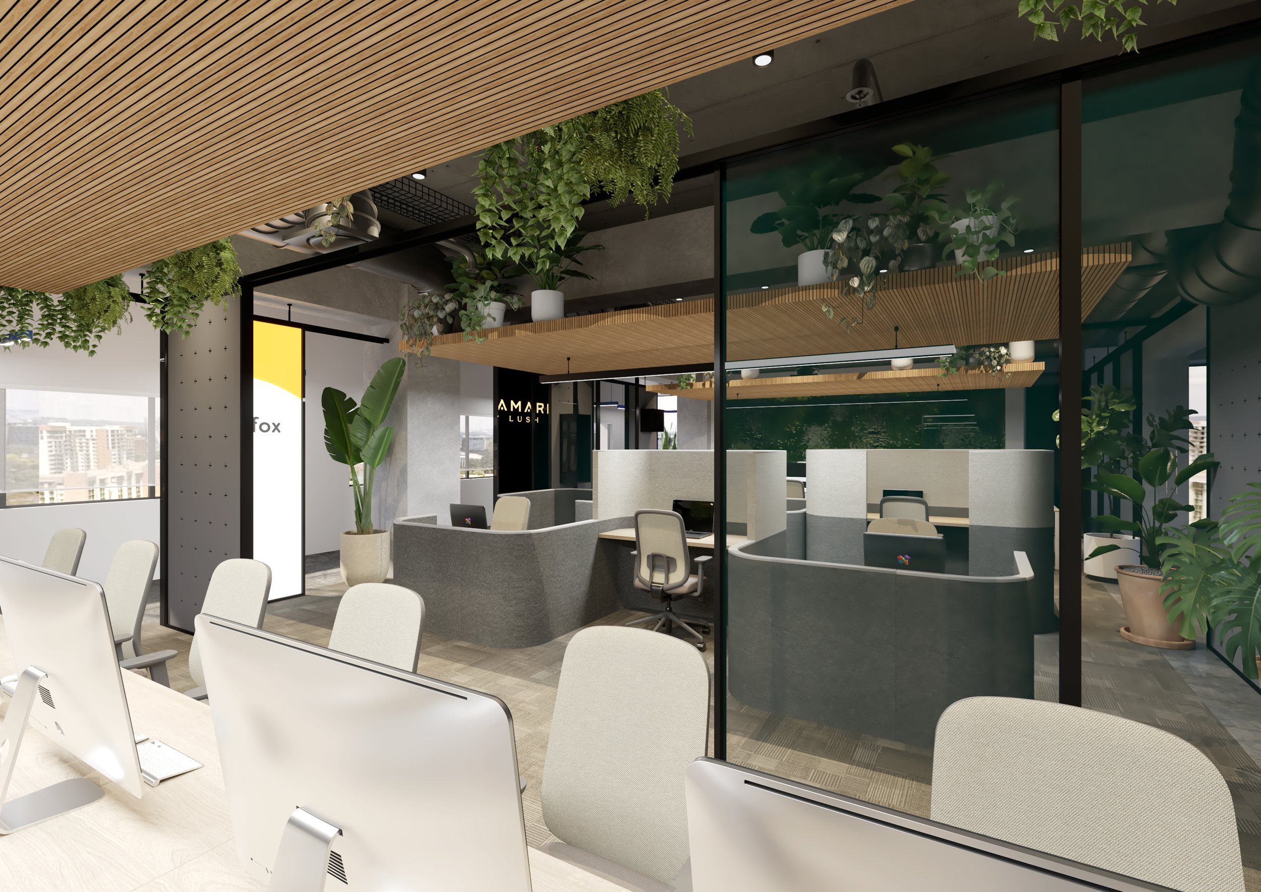 Modern office with white desks and chairs, glass walls, indoor plants, and city view windows.