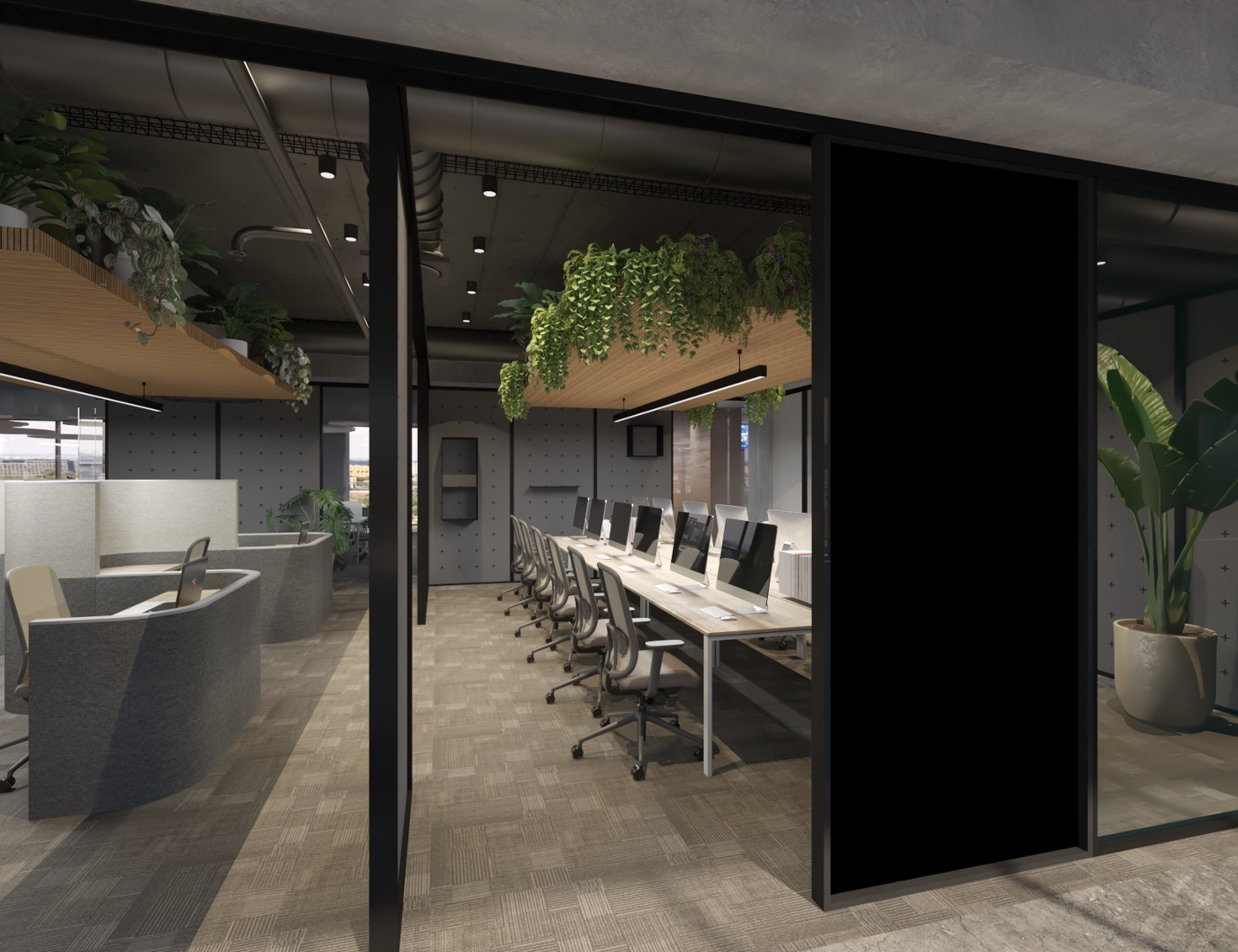 Modern office interior with a row of computers and chairs, large windows, green plants, and decorative ceiling elements.