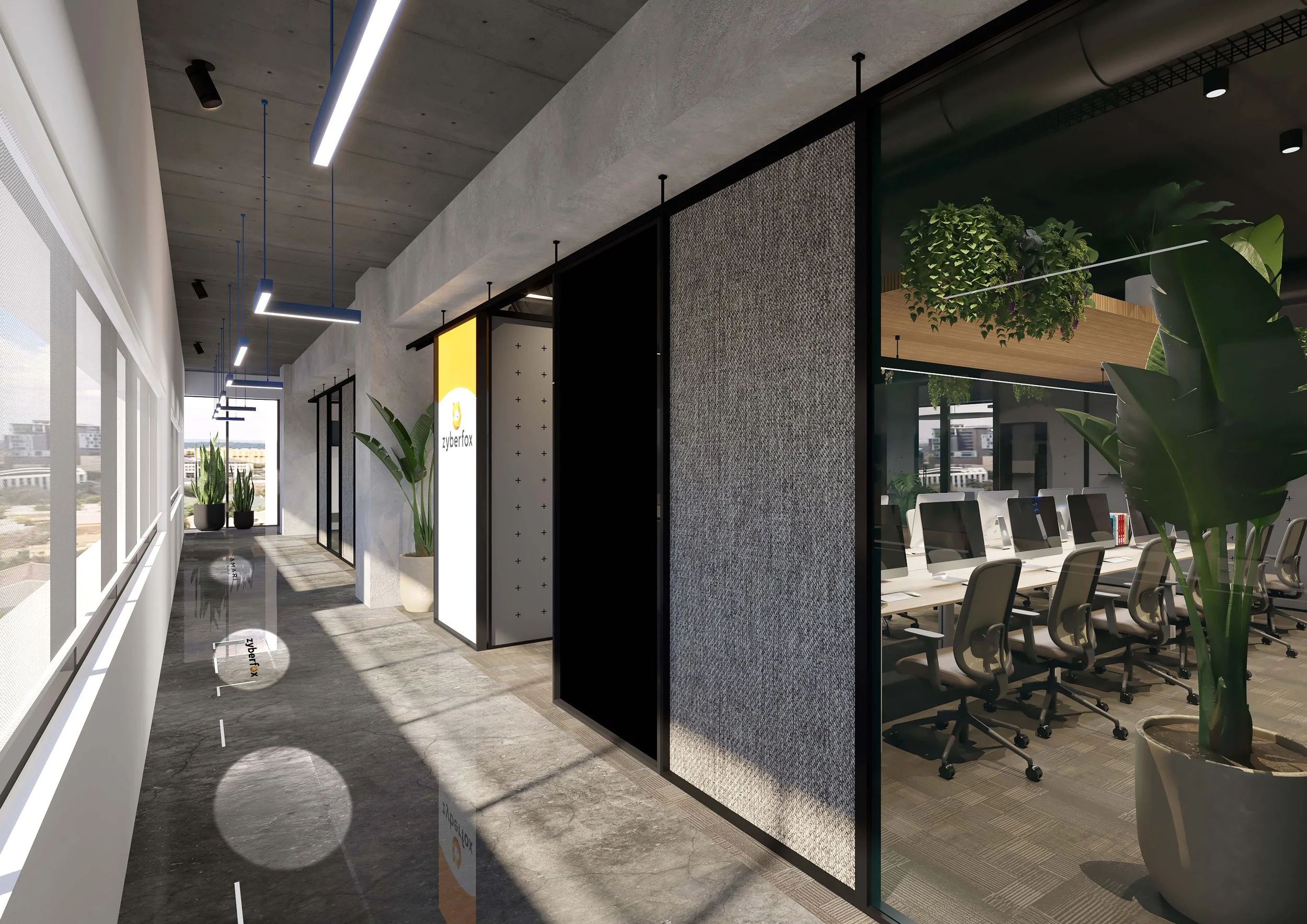 Modern office corridor with large windows, indoor plants, and a conference room with glass walls and multiple chairs inside.