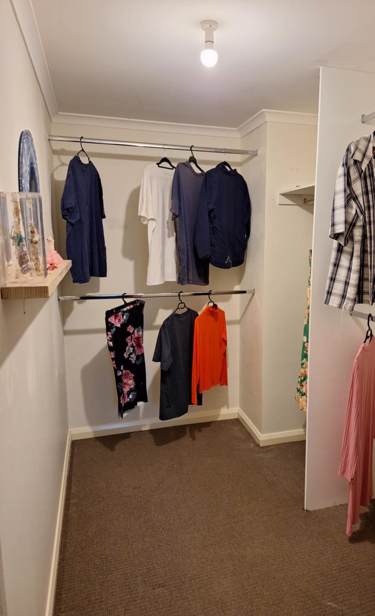 Walk-in closet with various clothes on hangers, including dresses, shirts, and a floral item. A small shelf with figurines is visible on the left wall. The closet has beige carpet and a single ceiling light.