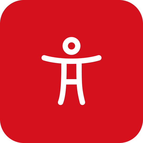 Accessibility icon with a human figure on a red background.