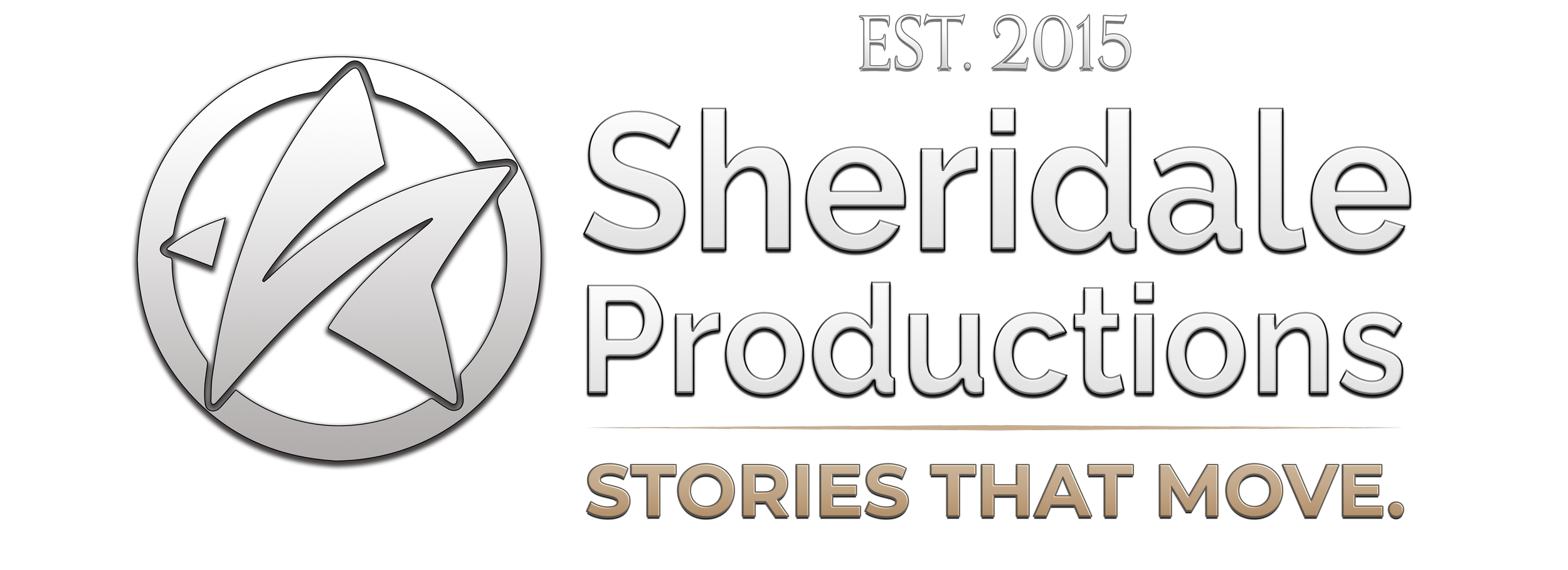 Black and white logo for Sheridan Productions, established in 2015, with the tagline "Stories that move."