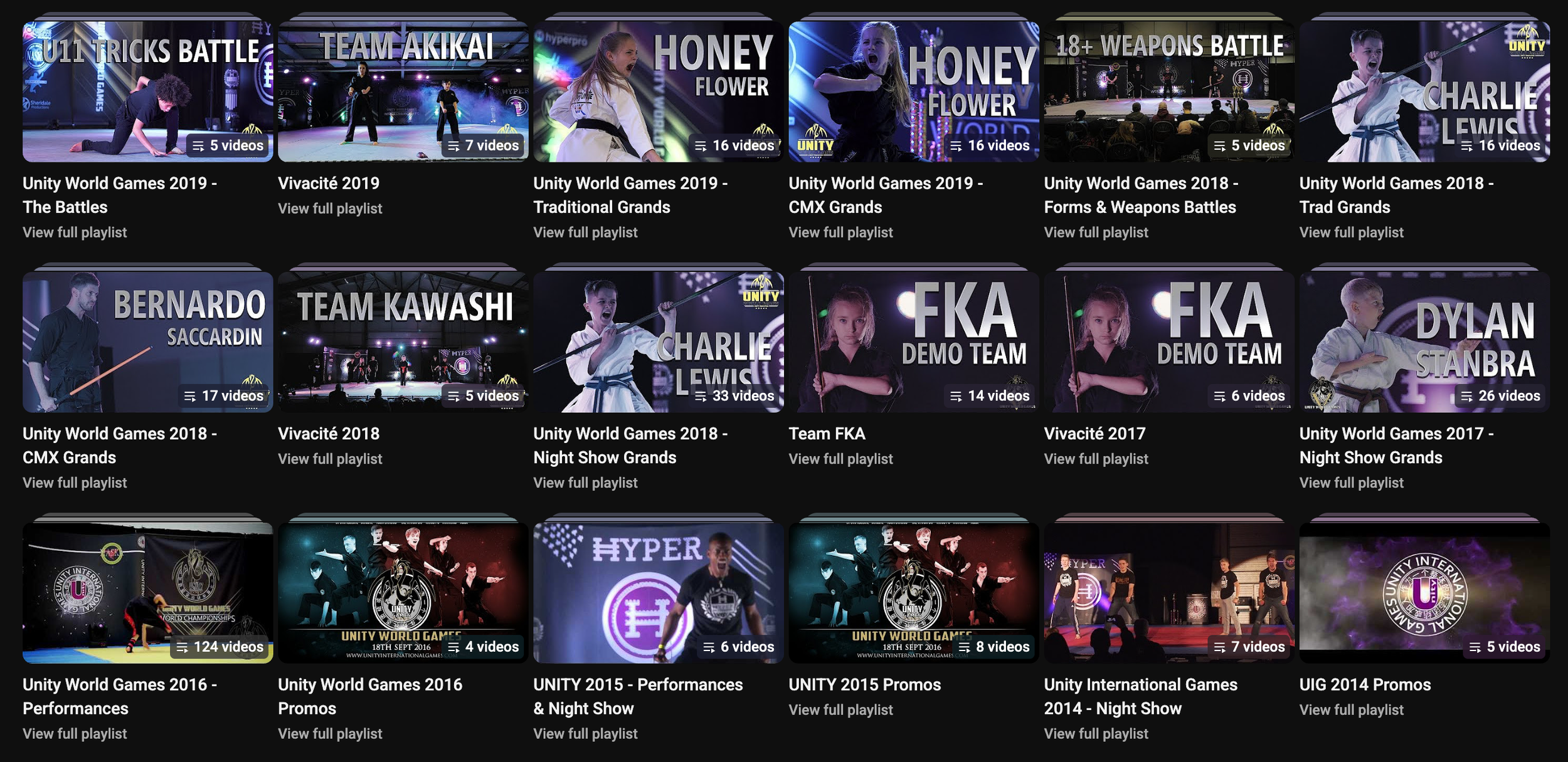 A collection of YouTube video thumbnails showcasing various performances at Unity World Games and related events from 2014 to 2019, including martial arts, dance, and traditional customs.