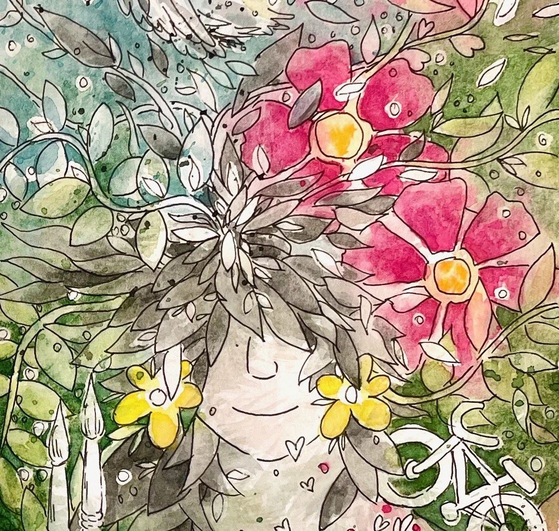 Bunte Aquarellzeichnung, Gesicht, überwuchert mit Ranken und Blüten. Dazu Pinsel und ein Fahrrad.