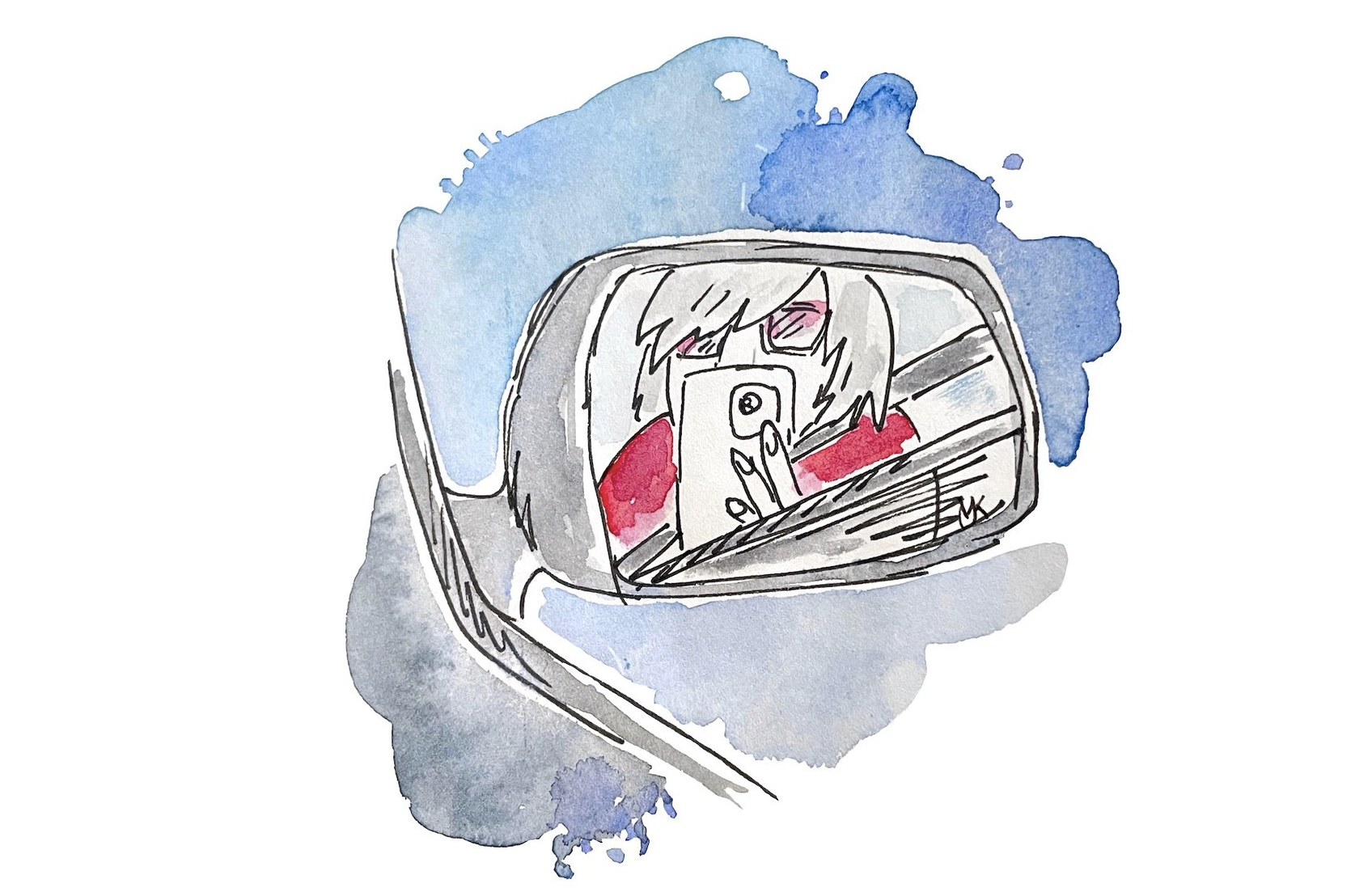 Zeichnung: Frau knipst ihr Spiegelbild im Seitenspiegel ihres Autos.