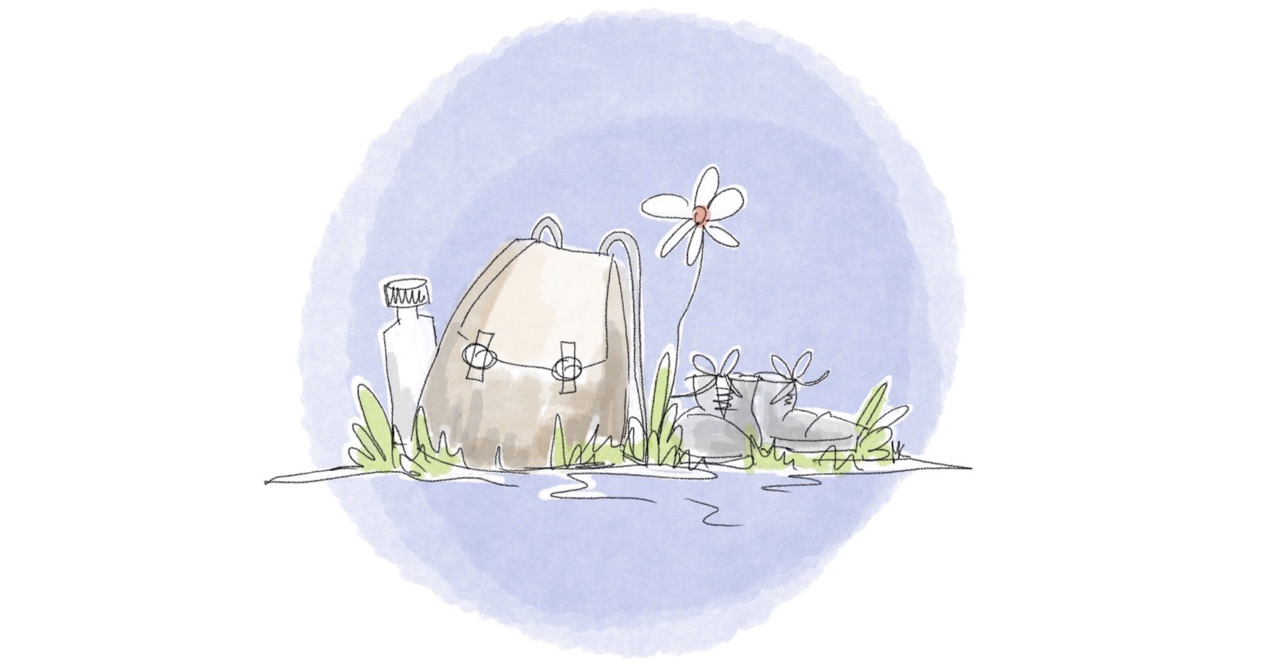 Skizze: ein Rucksack, eine Trinkflasche und ein paar Wanderschuhe auf einer Wiese. Dazu eine zarte Margerite.