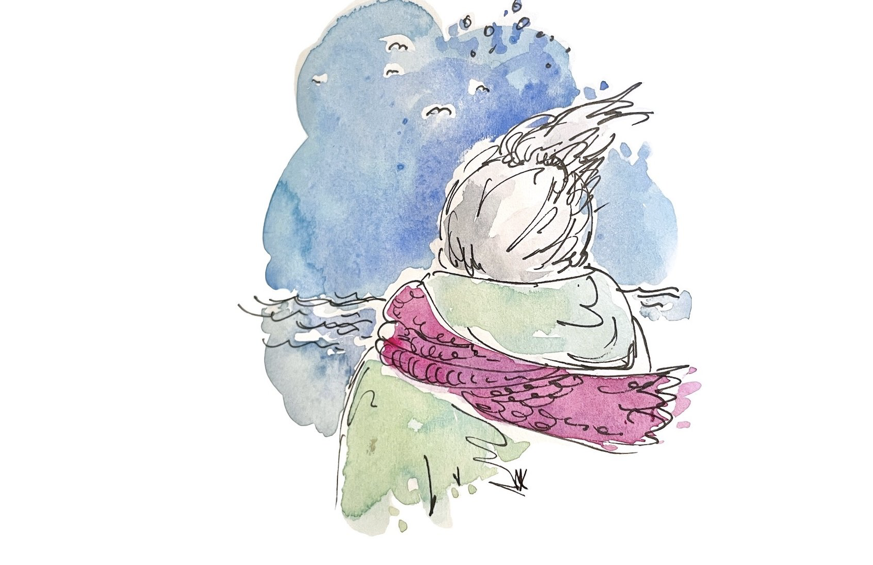 Frau steht im Sturm, die hochgebundenen Haare fliegen im Wind. Sie schaut aufs aufgewühlte Wasser.