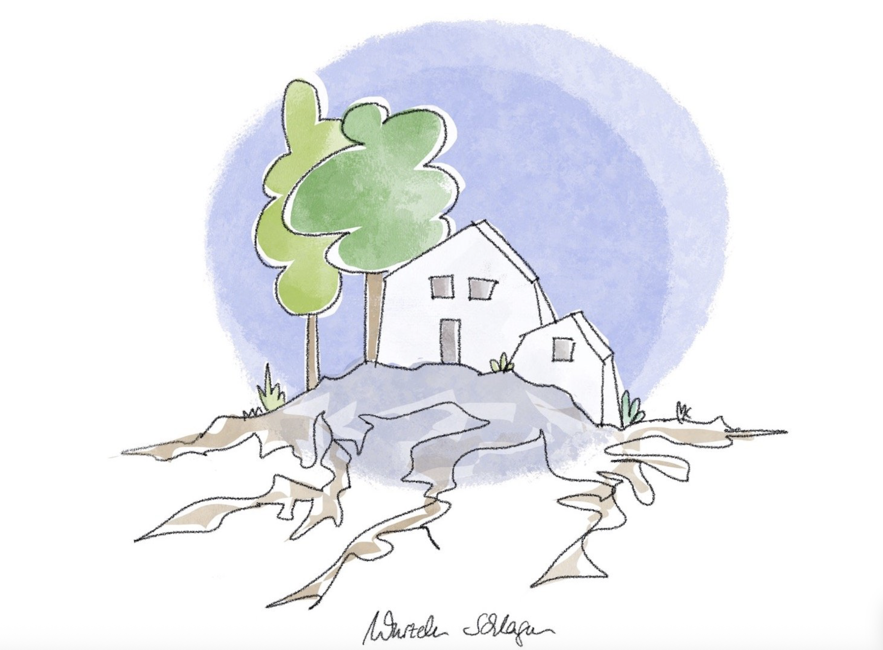 Skizze von zwei kleinen Häusern unter Bäumen. Blauer Himmel. von Meike Kröger