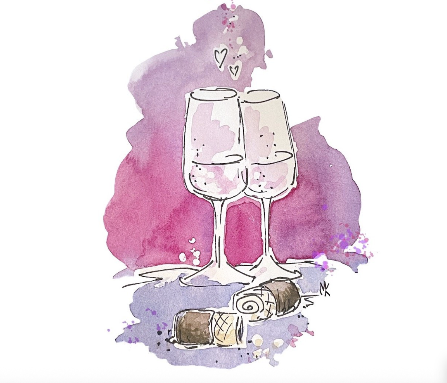 Skizze: Zwei Sektgläser mit perlendem Sekt, davon Waffelröllchen. Rosa Hintergrund.