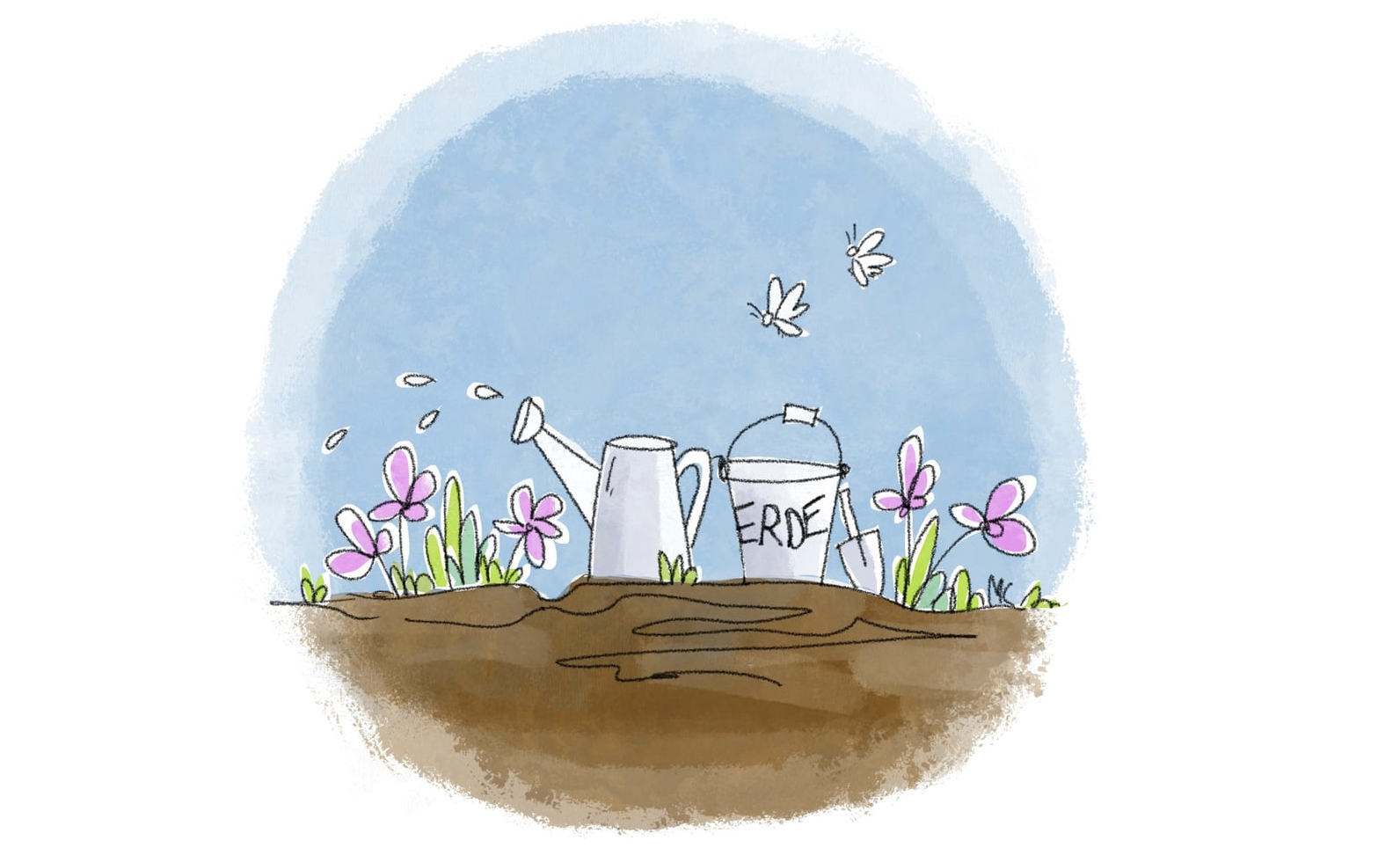 Zeichnung Blumenbeet, lila Blümchen, Bienen, eine Gießkanne, blauer Himmel. Von Meike Kröger