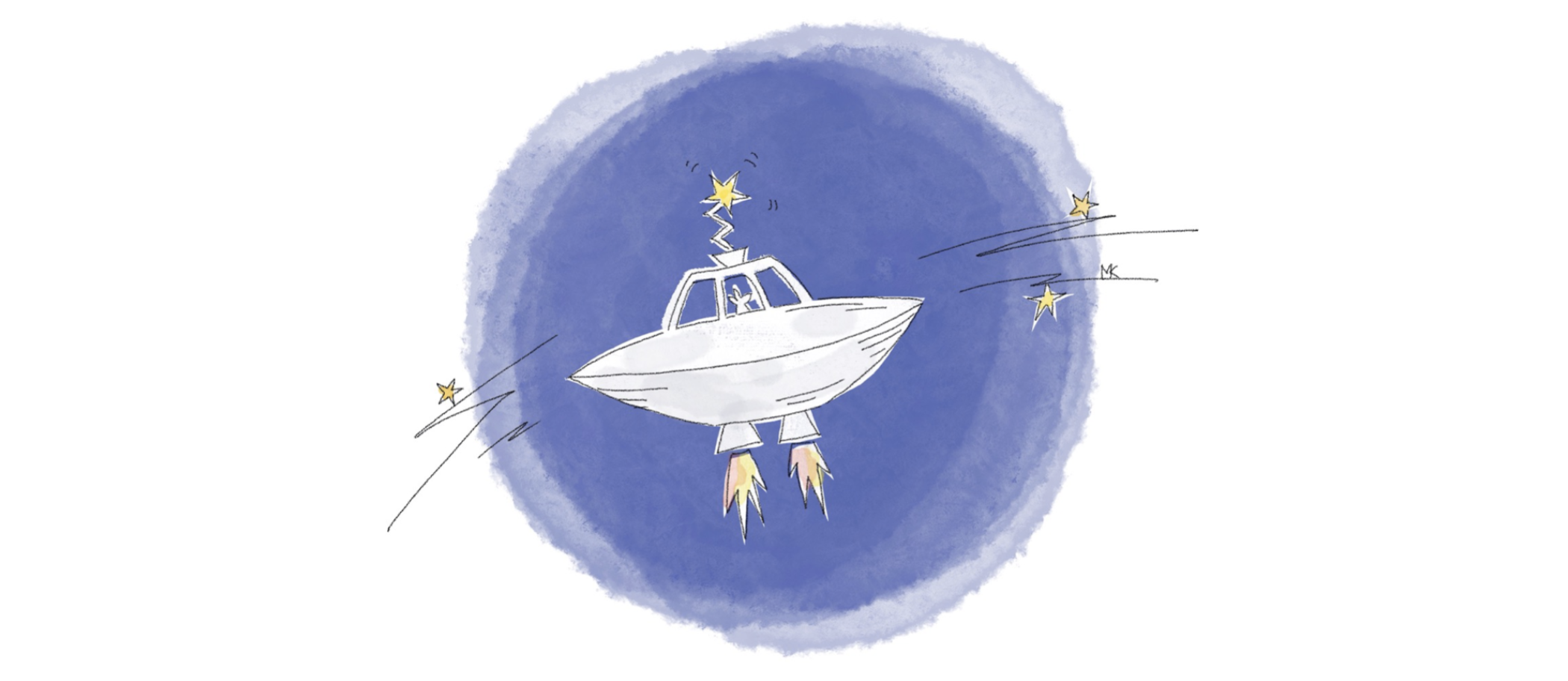 Raumschiff mit Stern und einem kleinen Hasen als Passagier.